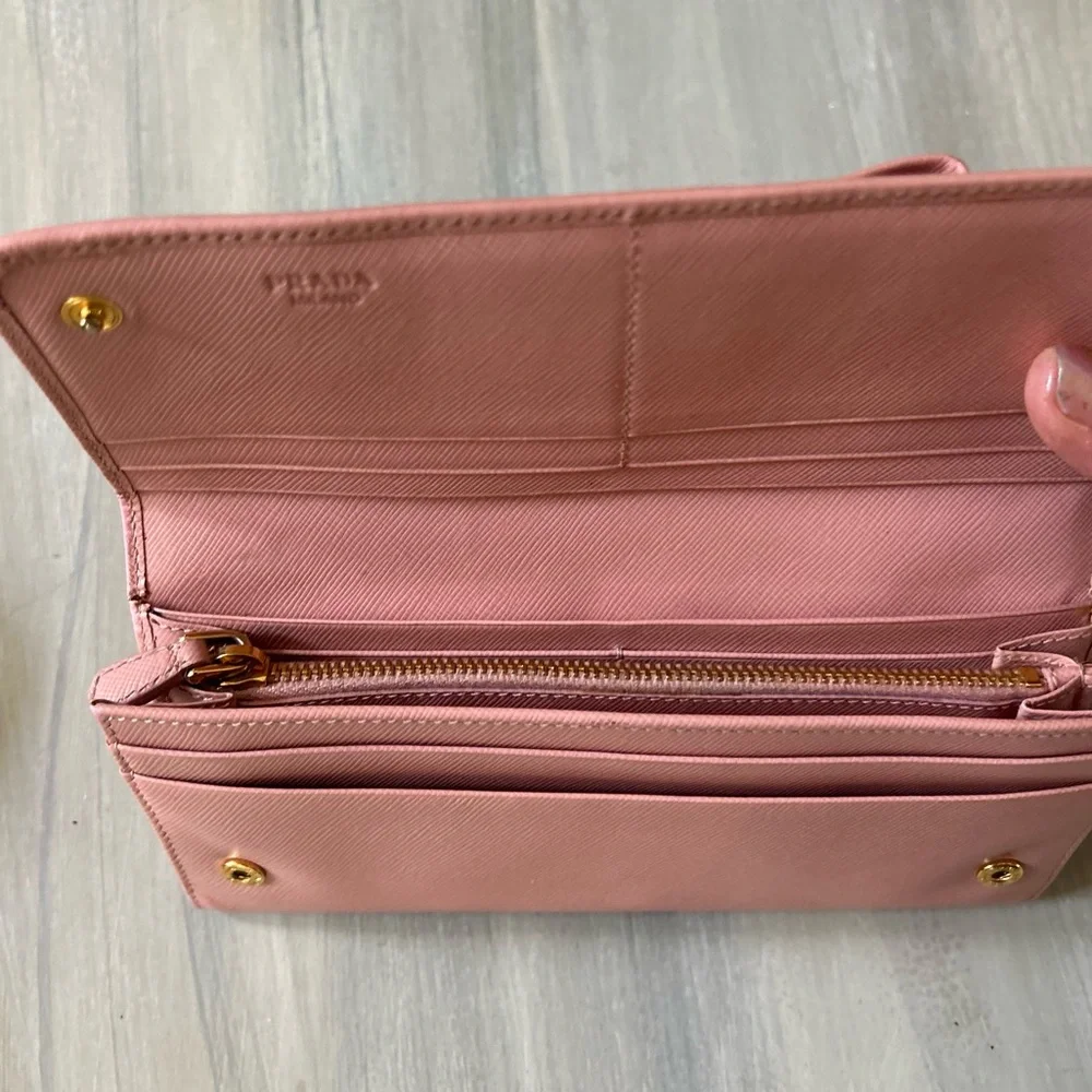 Pink Prada Saffiano leather long wallet flap closure with bow